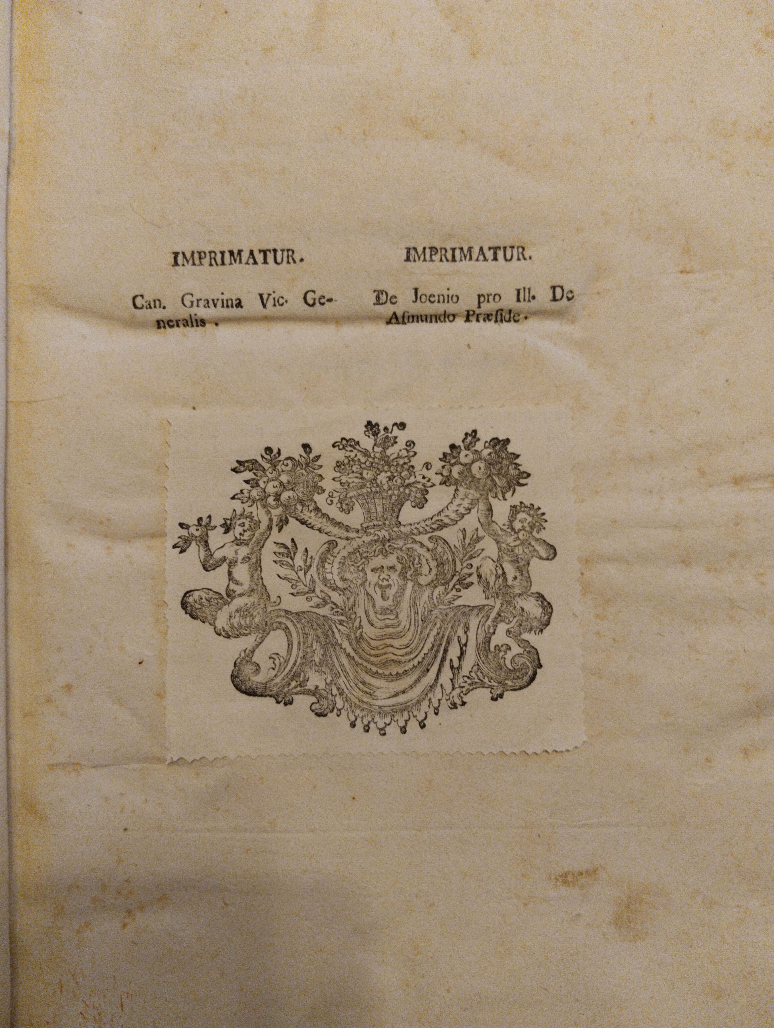 Pagina con Imprimatur e stemma ecclesiastico
