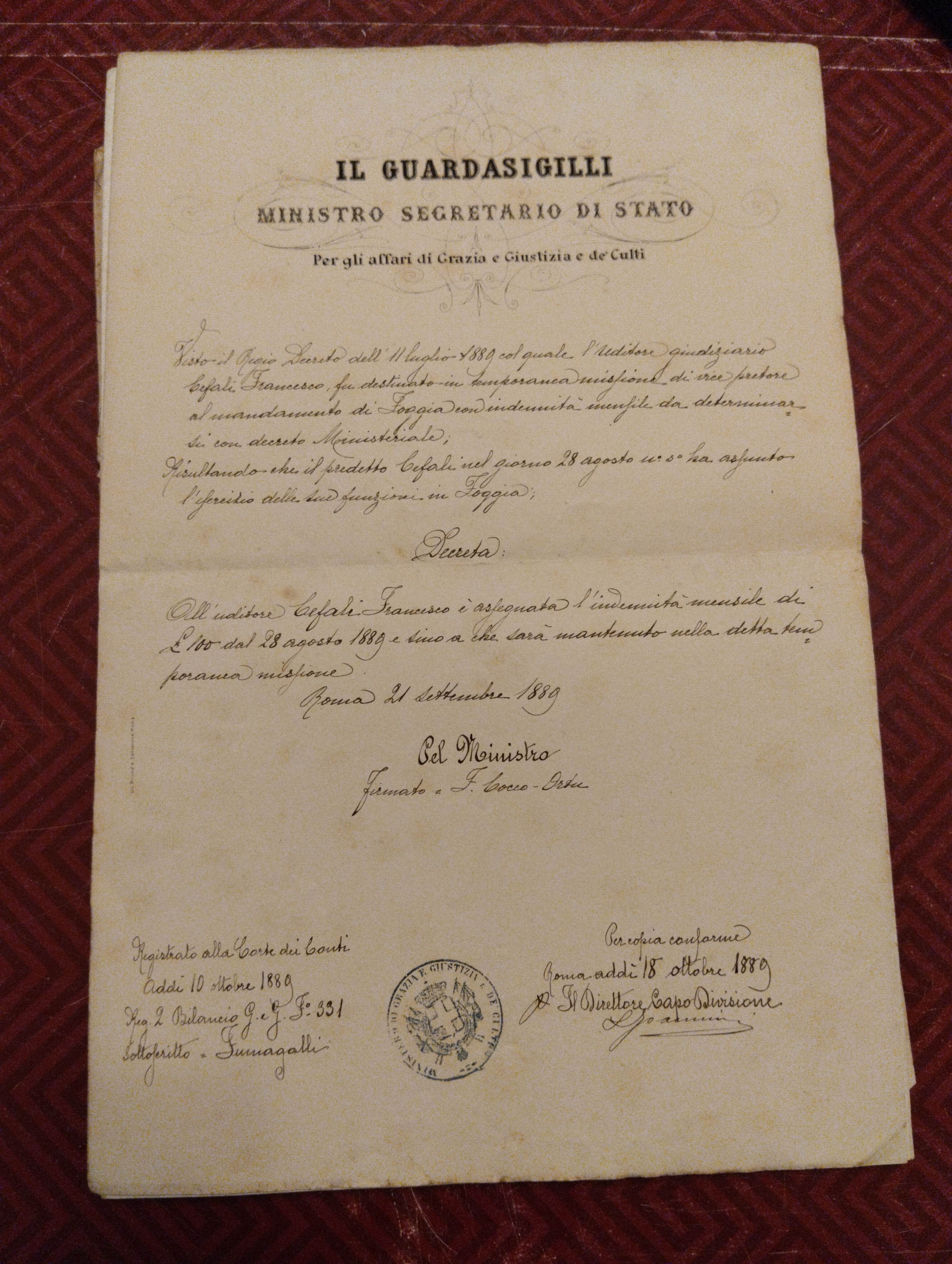 Documento ufficiale del Guardasigilli - Ministero Segretario di Stato